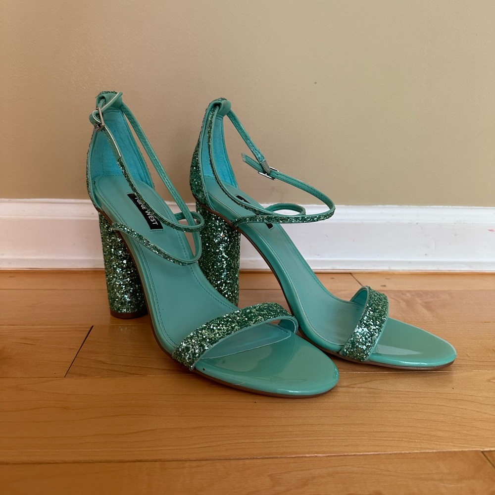 Nine West Teal Glitter Block Heel Sandals